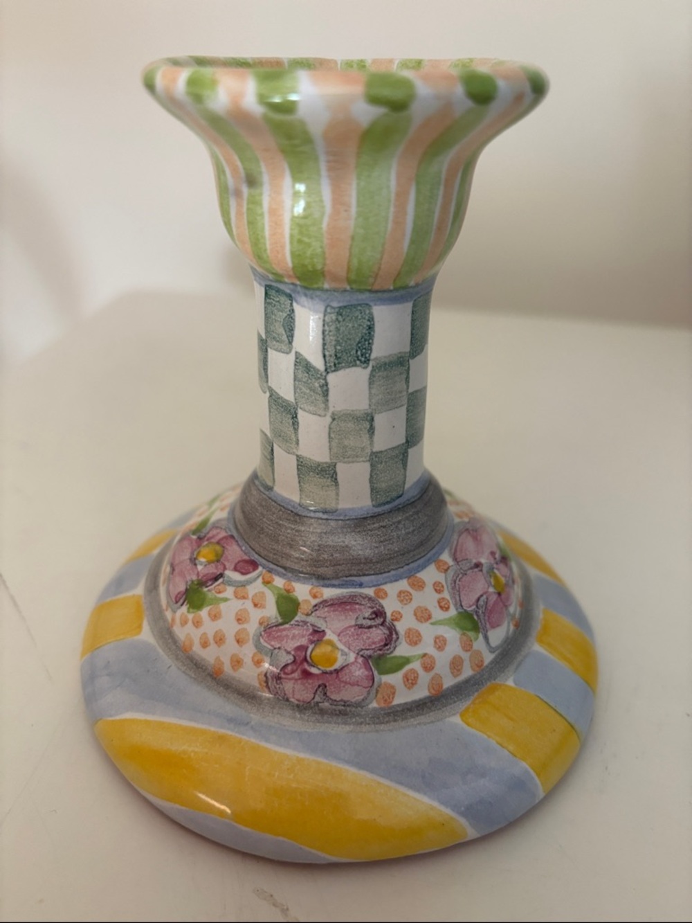Mackenzie Childs- Hand -Painted Ceramic Candlestick holder